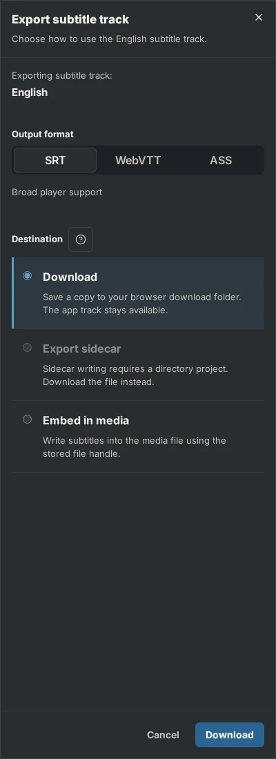 The export panel with SRT selected as output format and Download selected as destination; Export sidecar is unavailable and Embed in media is offered