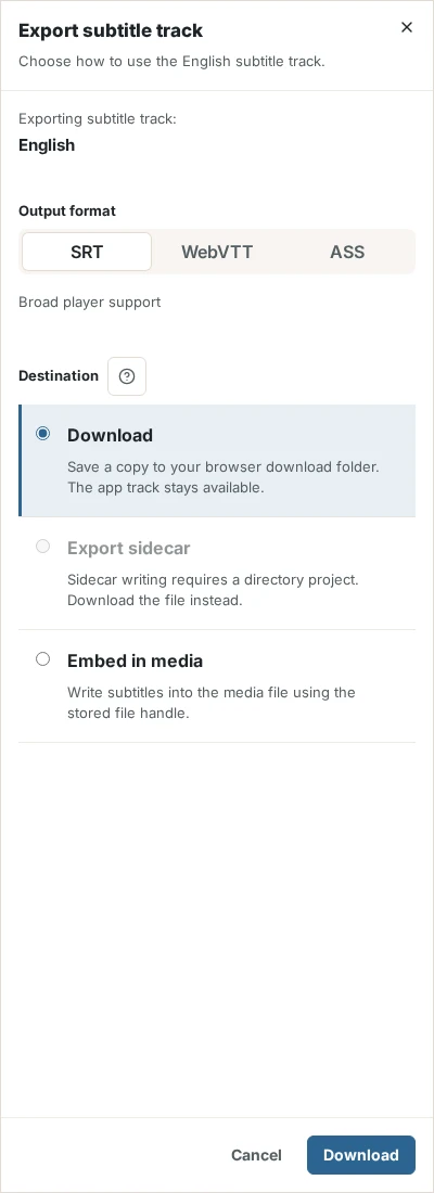 The export panel with SRT selected as output format and Download selected as destination; Export sidecar is unavailable and Embed in media is offered