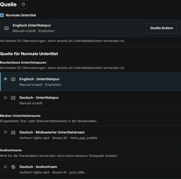 Der Bereich Quelle mit einer ausgewählten englischen Untertitelspur über der Liste aus bearbeitbaren Untertitelspuren, Medien-Untertitelstreams und Audiostreams