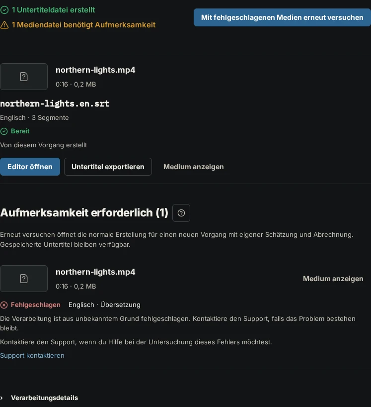 Eine abgeschlossene Operation mit einer zum Öffnen oder Exportieren bereiten Untertiteldatei und einer fehlgeschlagenen Übersetzung unter Aufmerksamkeit erforderlich