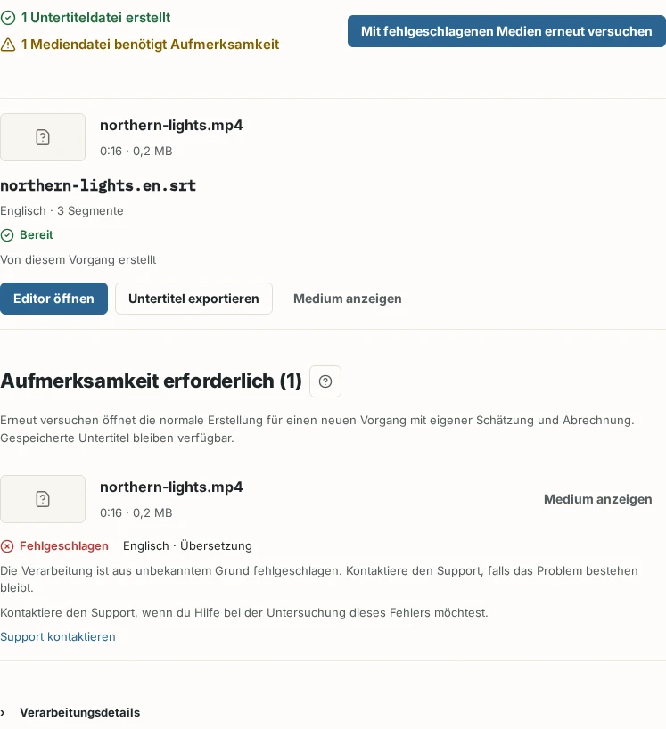 Eine abgeschlossene Operation mit einer zum Öffnen oder Exportieren bereiten Untertiteldatei und einer fehlgeschlagenen Übersetzung unter Aufmerksamkeit erforderlich