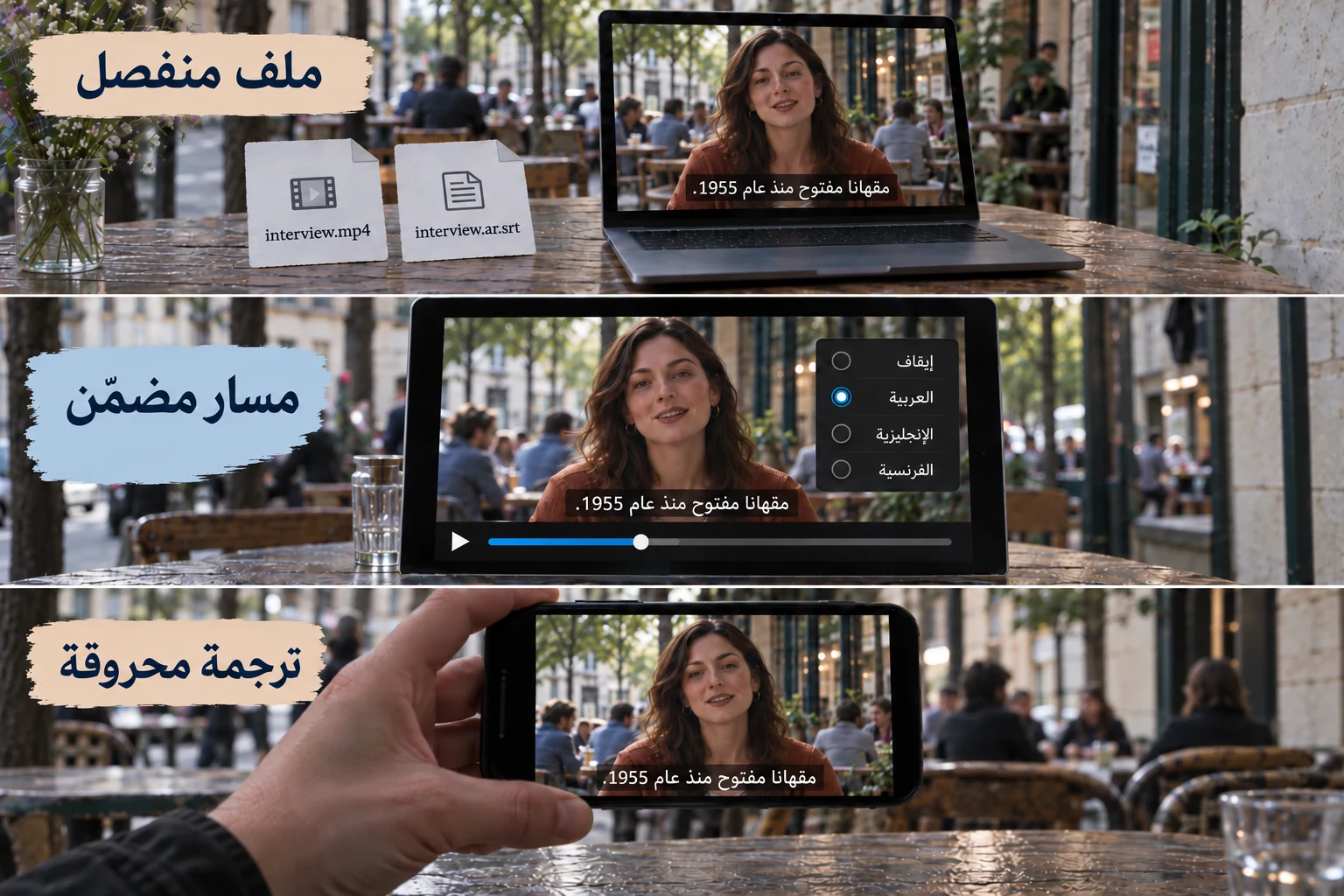 مقابلة في مقهى مع ملف ترجمة منفصل وقائمة لغات لمسار مضمّن وترجمة محروقة في فيديو على هاتف
