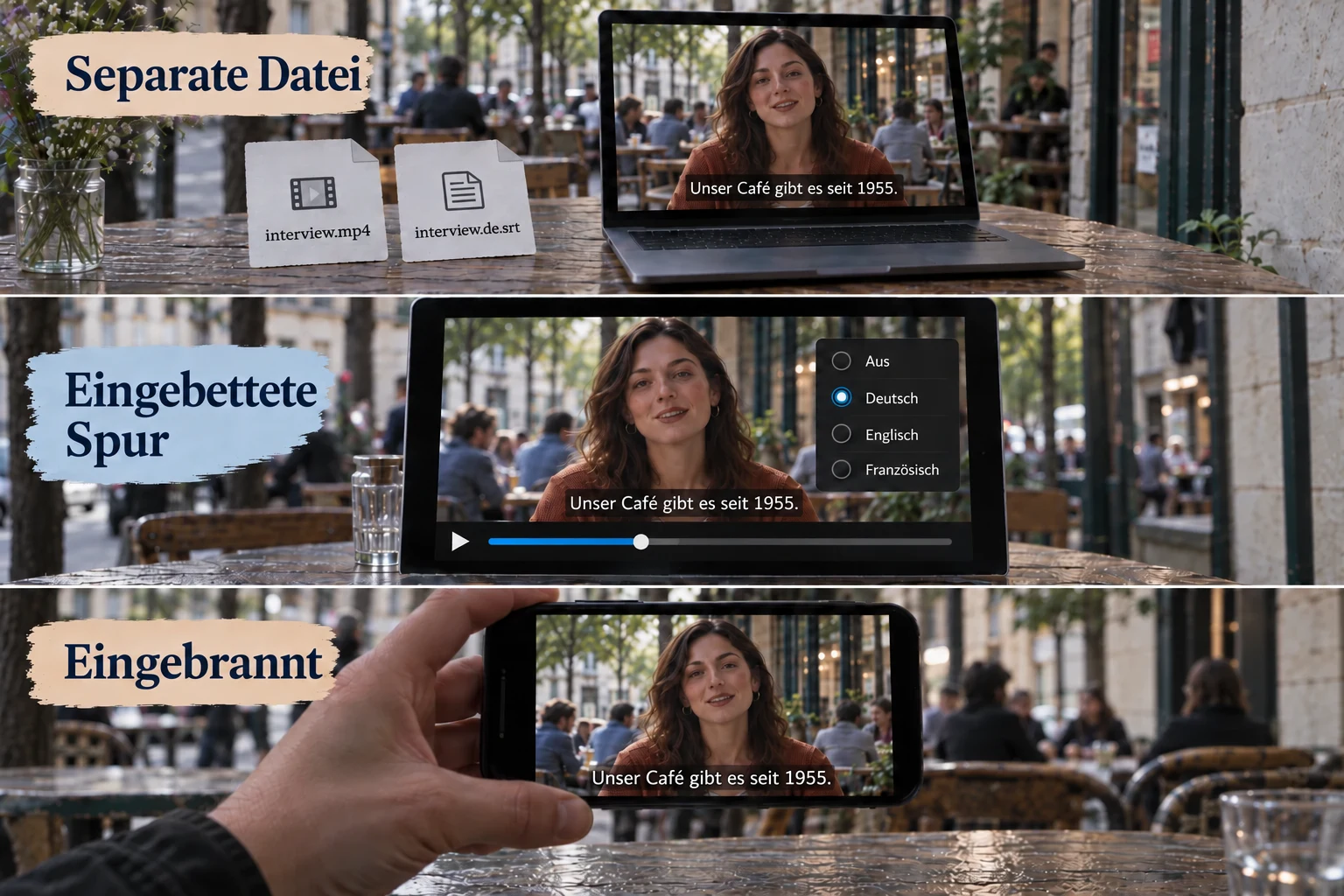 Ein Café-Interview mit separater Untertiteldatei, einer Sprachauswahl für eingebettete Spuren und fest eingebrannten Untertiteln in einem Handyvideo
