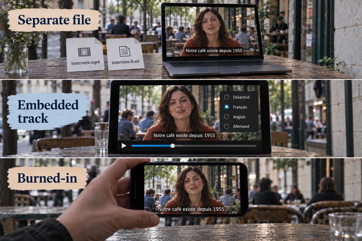 A café interview delivered with a separate subtitle file, an embedded language selector, and captions burned into a phone video