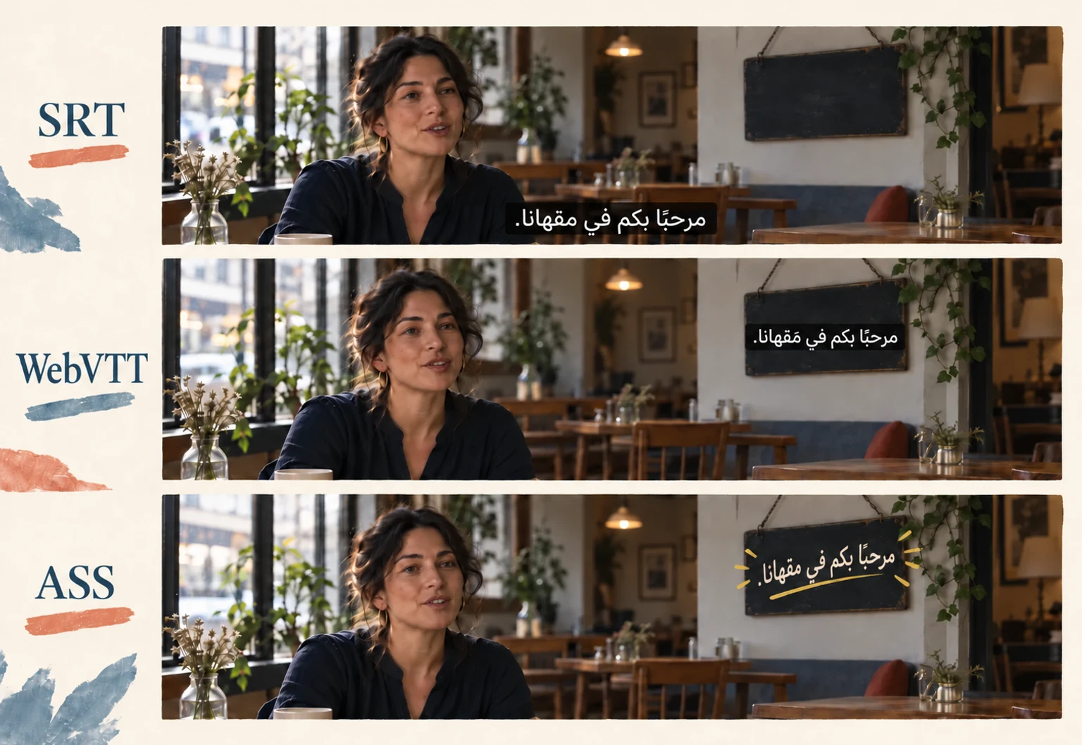 المقابلة نفسها في المقهى مع ترجمة بسيطة أسفل الصورة ونص موضوع على لوحة ونص مزخرف ينسجم مع اللوحة
