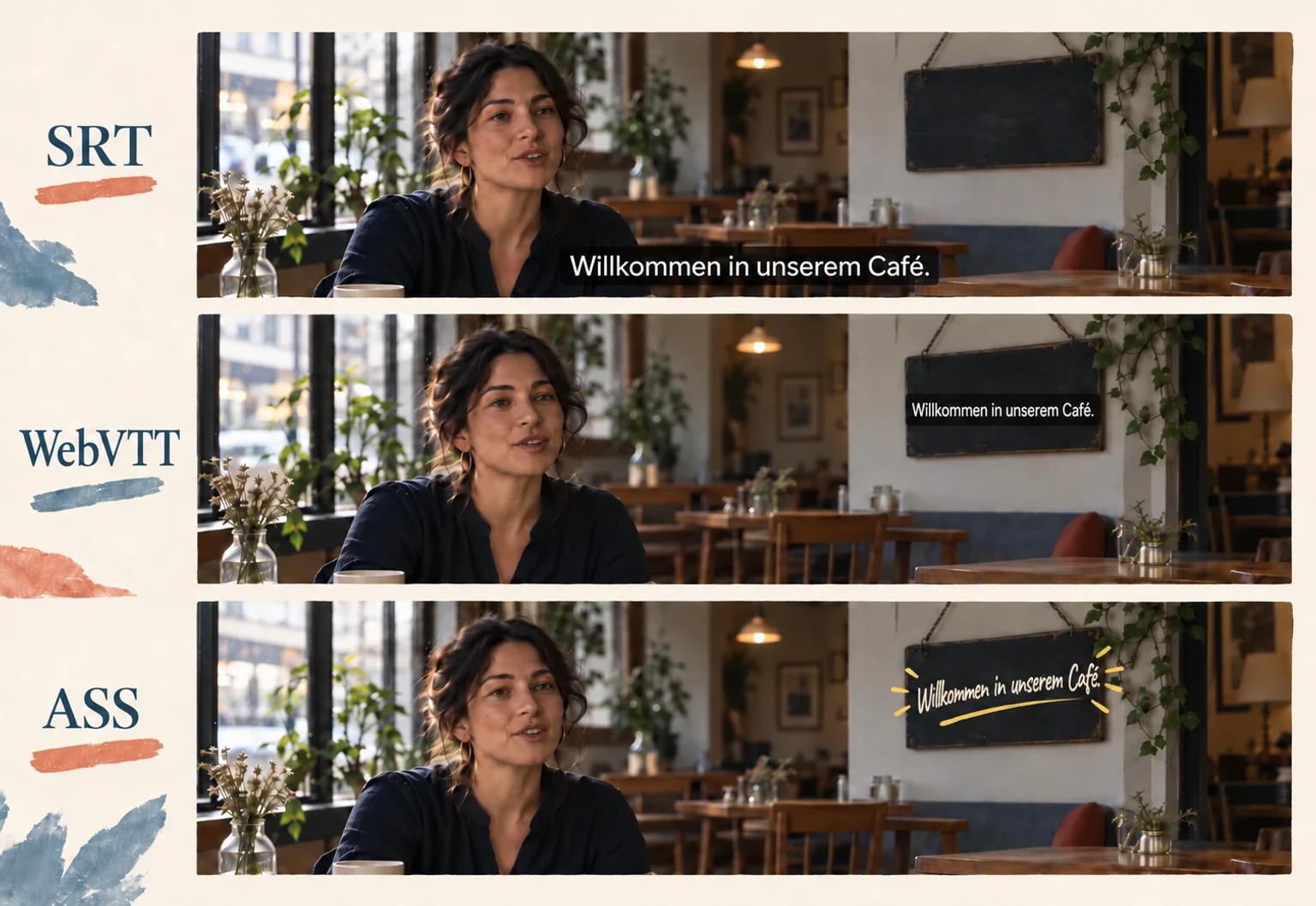 Dasselbe Café-Interview mit einer einfachen Einblendung am unteren Bildrand, Text auf einer Tafel und einer zur Tafel passenden gestalteten Schrift