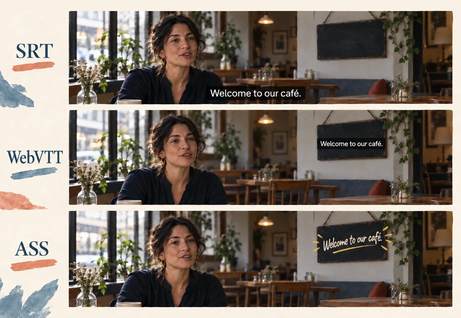 The same café interview with a simple bottom caption, a caption positioned on a slate board, and the same words styled to match the board