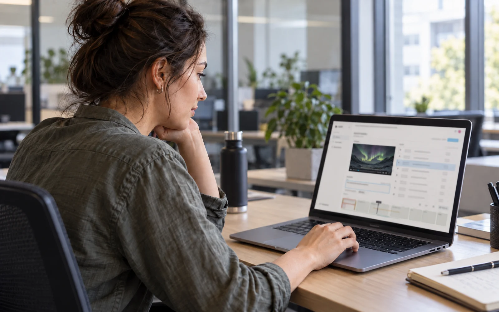 A young woman calmly reviews subtitles in the SubFT editor on a laptop in a modern office