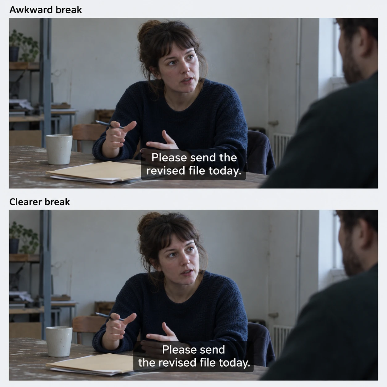 The same workroom conversation twice: the first subtitle breaks after Please send the, separating the revised file; the second breaks after Please send, keeping the revised file today together