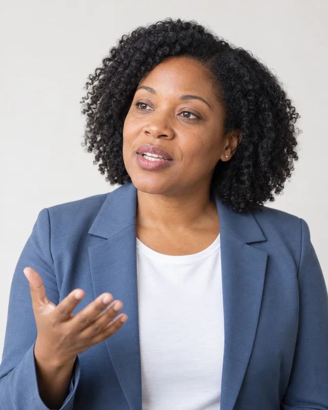 A teacher explaining with one hand raised