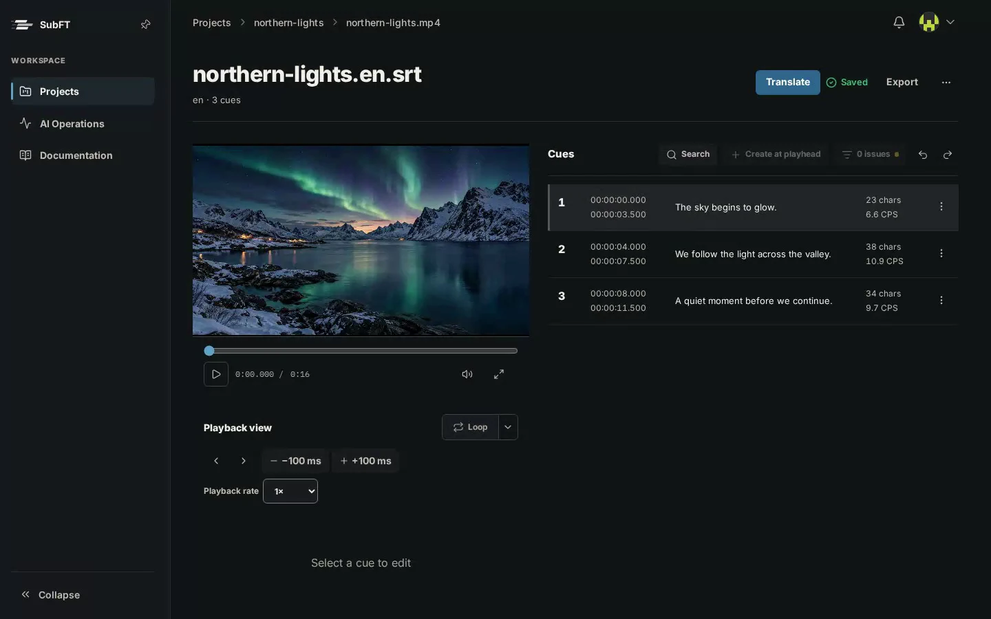 The SubFT desktop workspace with a Northern Lights video and editable subtitle cues
